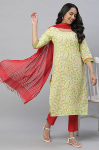 Green Floral Printed Kurta with Lace Detail
