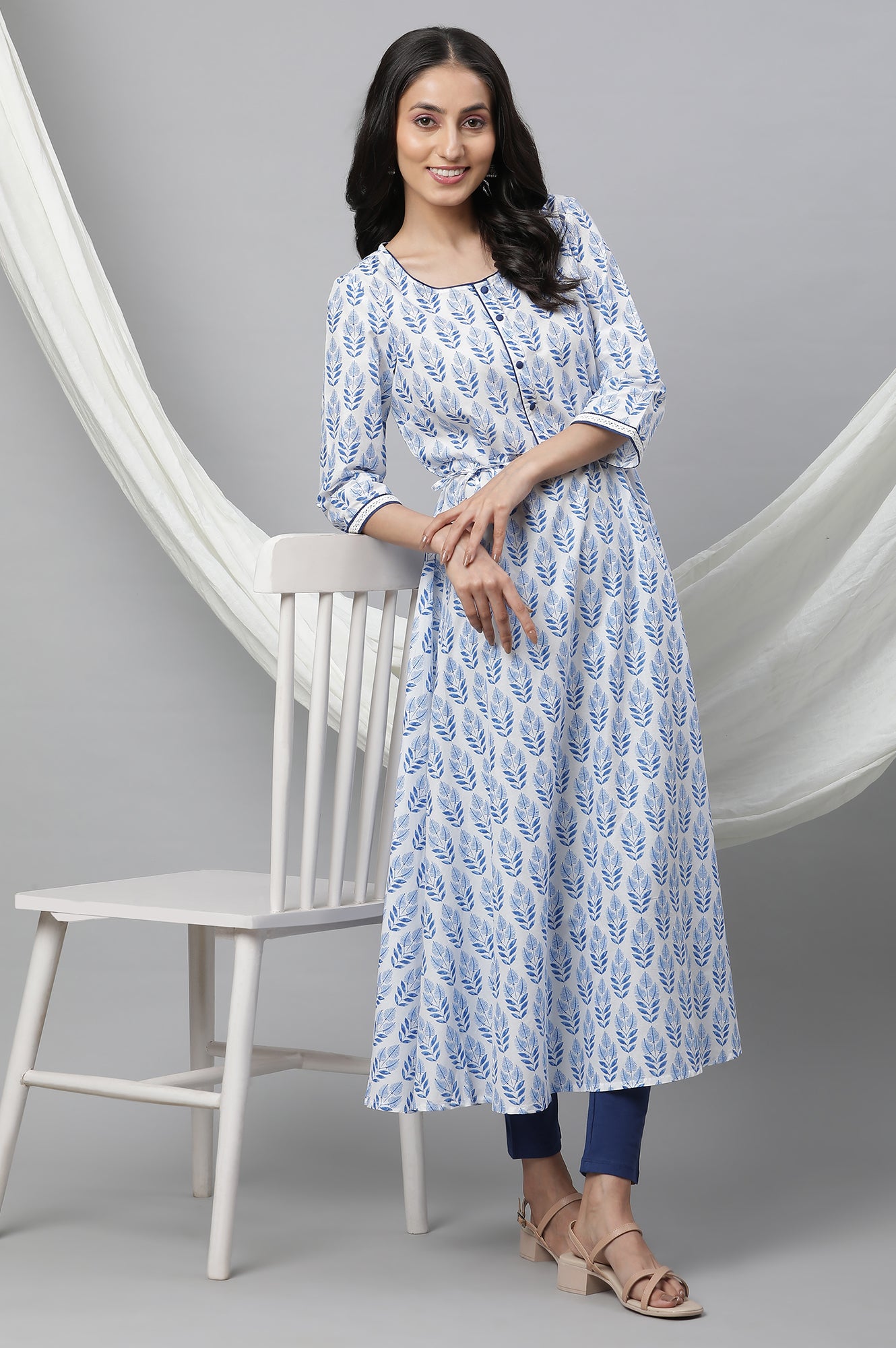 White Flared Kurta with Blue Floral Print