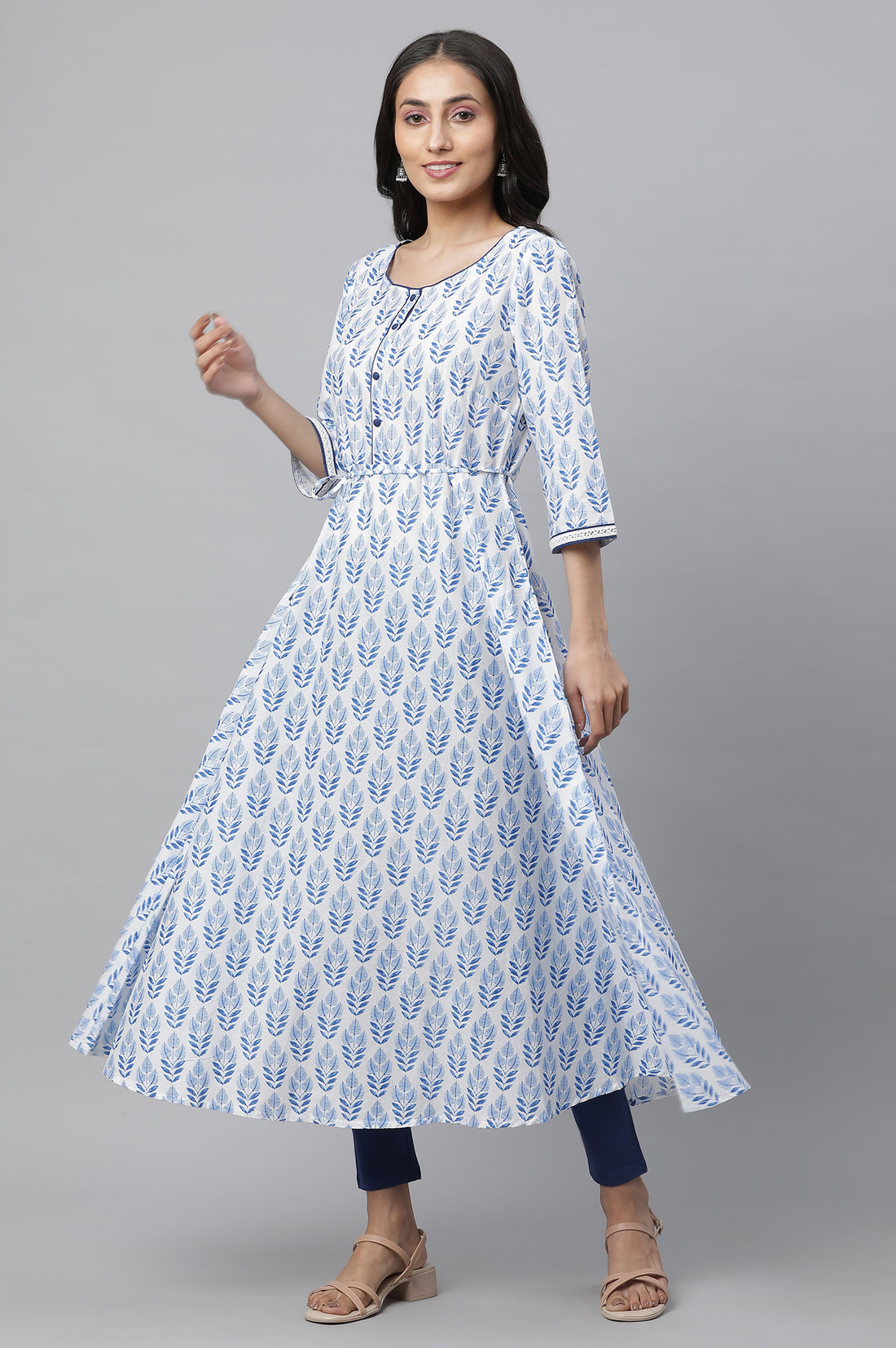 White Floral Lace Trim Flared Cotton Kurta