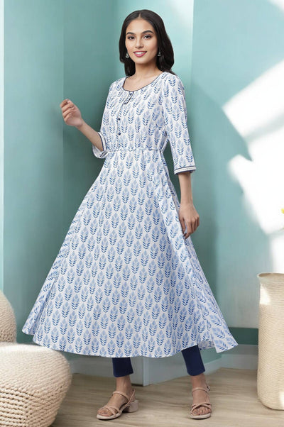 White Flared Kurta with Blue Floral Print
