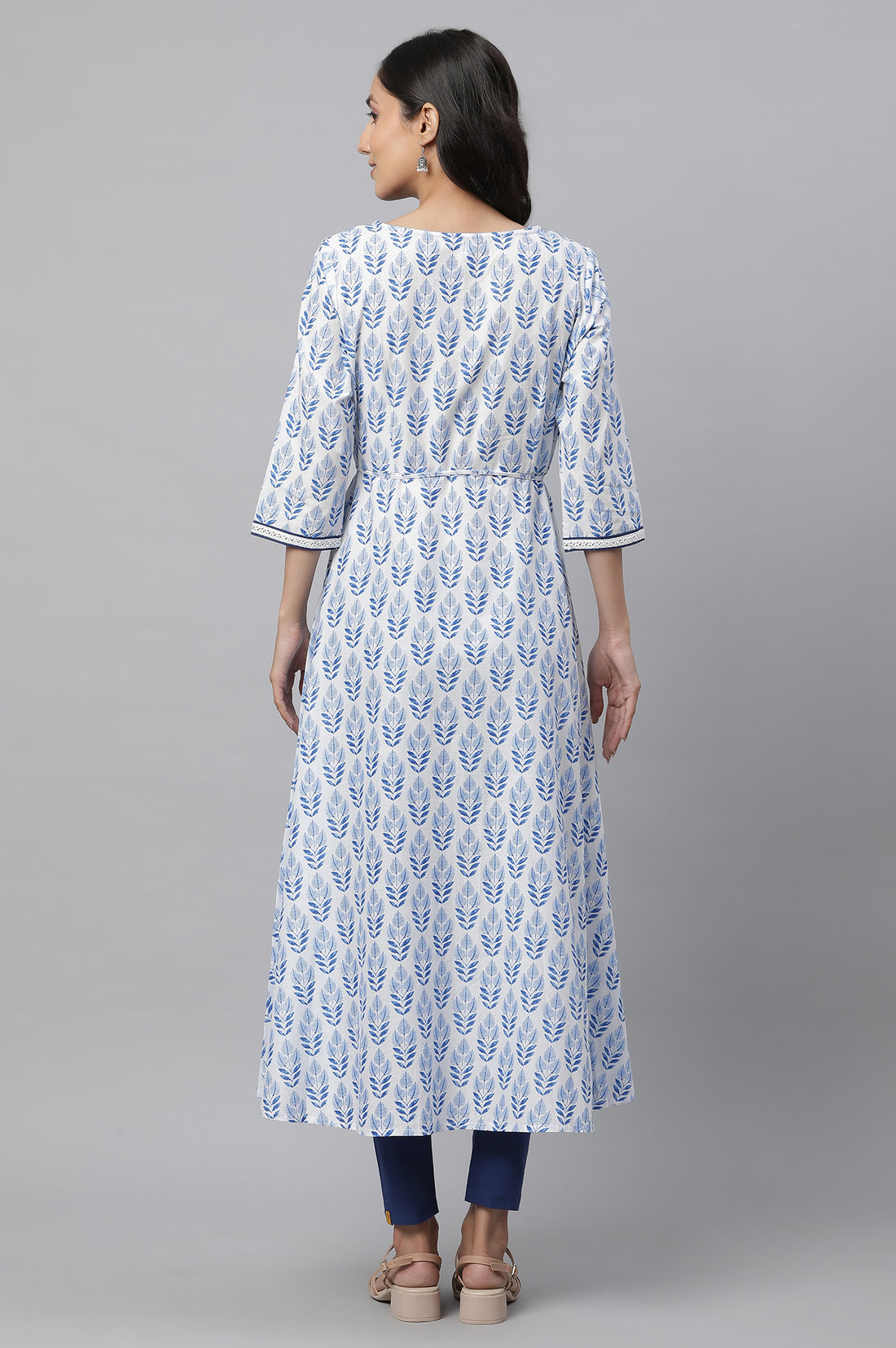 White Floral Lace Trim Flared Cotton Kurta