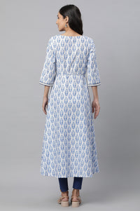 White Floral Lace Trim Flared Cotton Kurta
