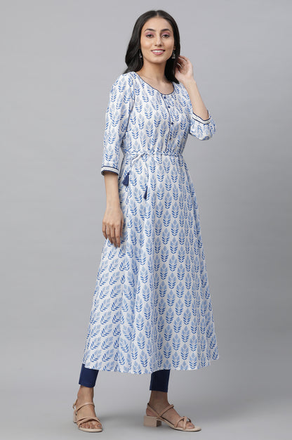 White Flared Kurta with Blue Floral Print