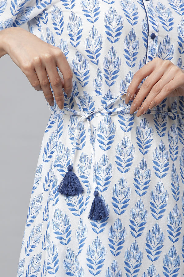 White Floral Lace Trim Flared Cotton Kurta