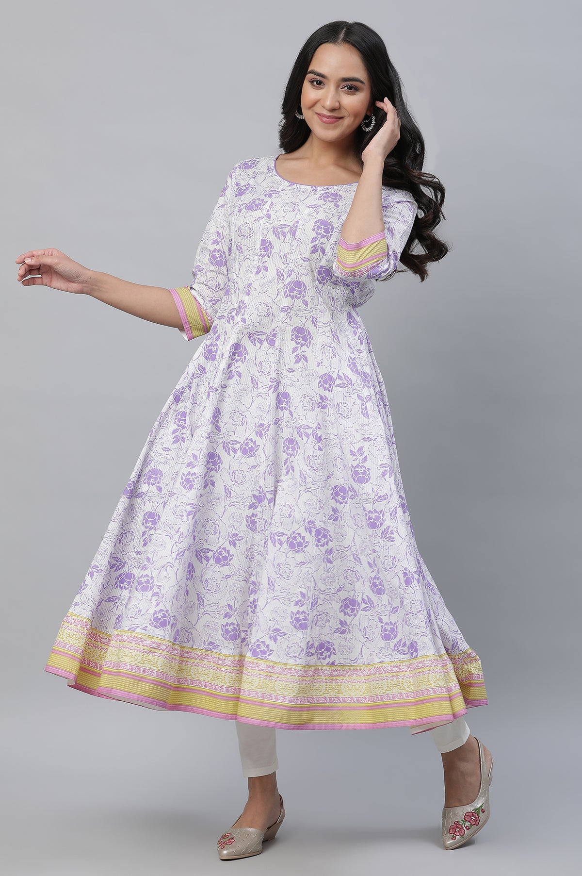 White Floral Flared Cotton Kurta - XS