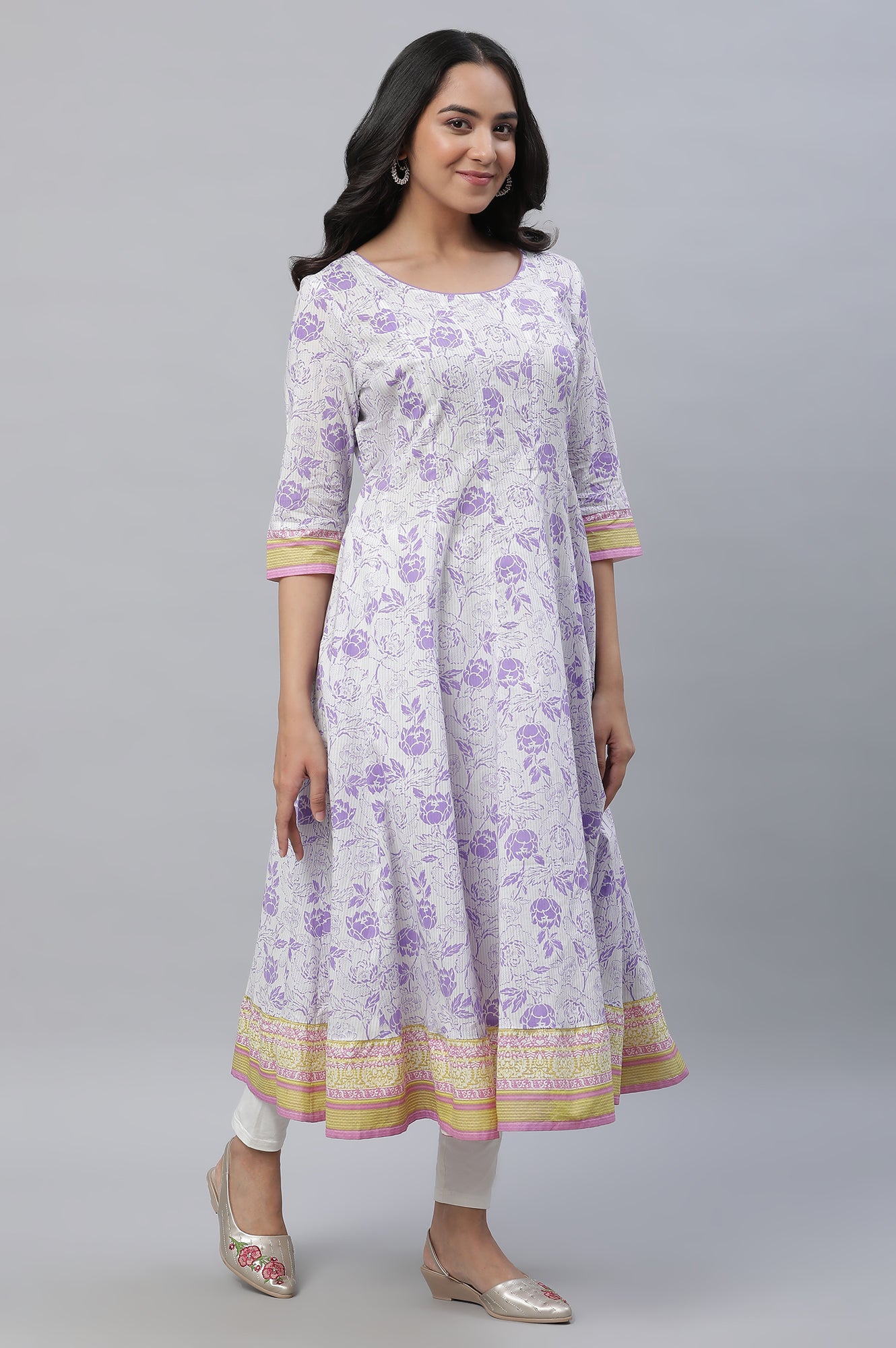 White Kalidar Floral Printed Kurta