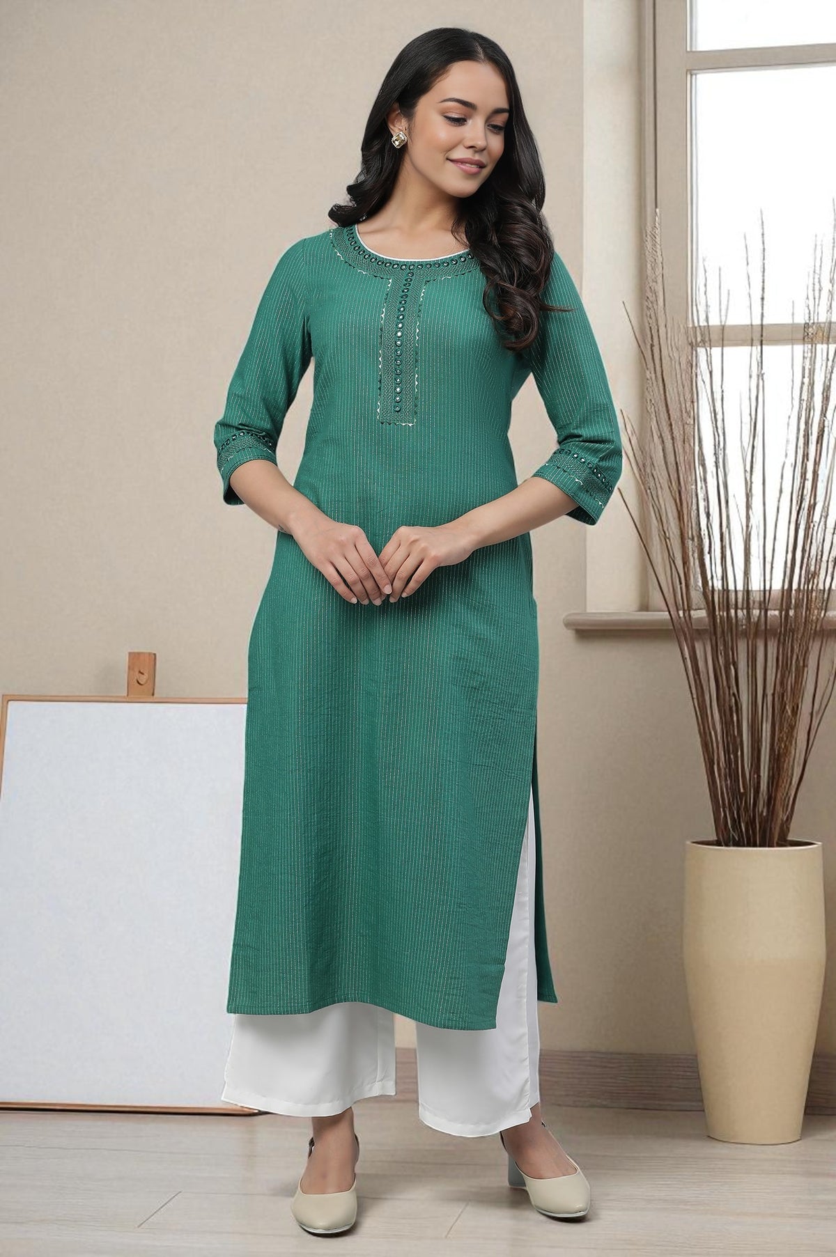 Green Lurex Stripe Kurta with Embroidery - XS