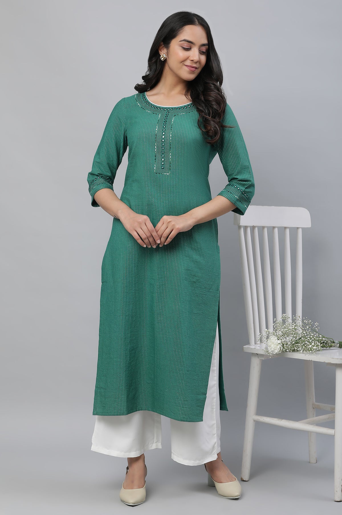 Green Lurex Stripe Kurta with Embroidery - XS