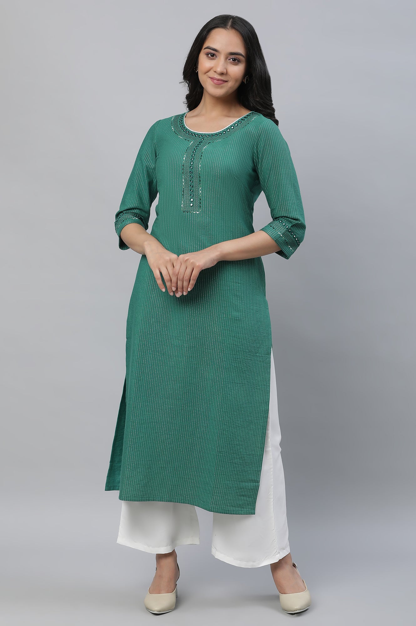 Green Lurex Stripe Kurta with Embroidery