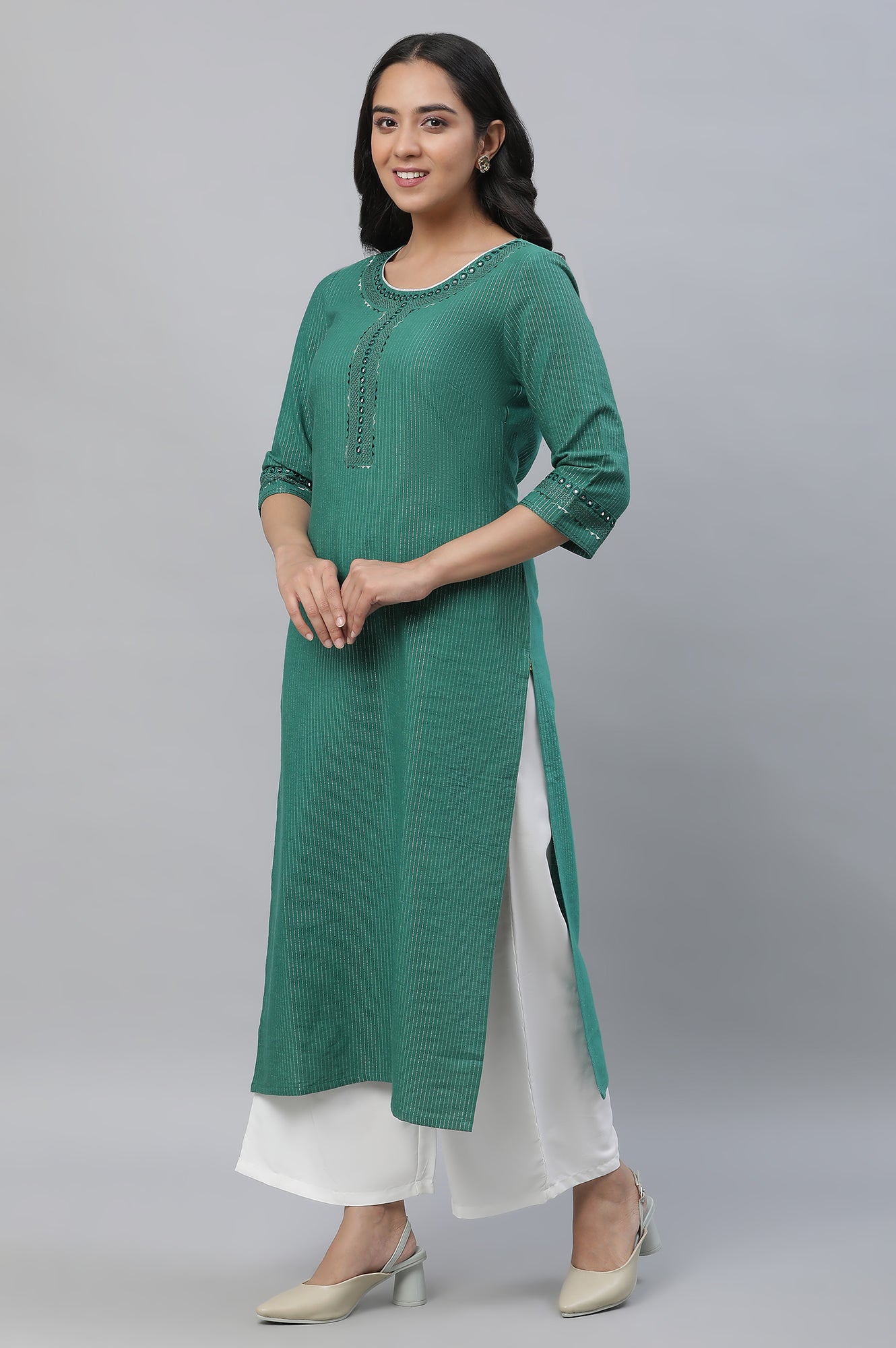 Green Lurex Stripe Kurta with Embroidery