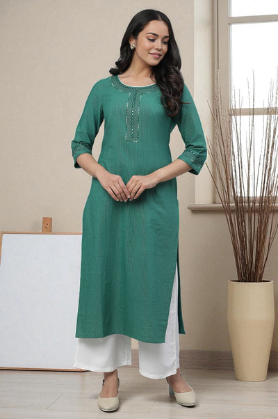 Green Lurex Stripe Kurta with Embroidery