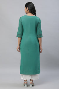 Green Striped Embroidered Straight Cotton Kurta