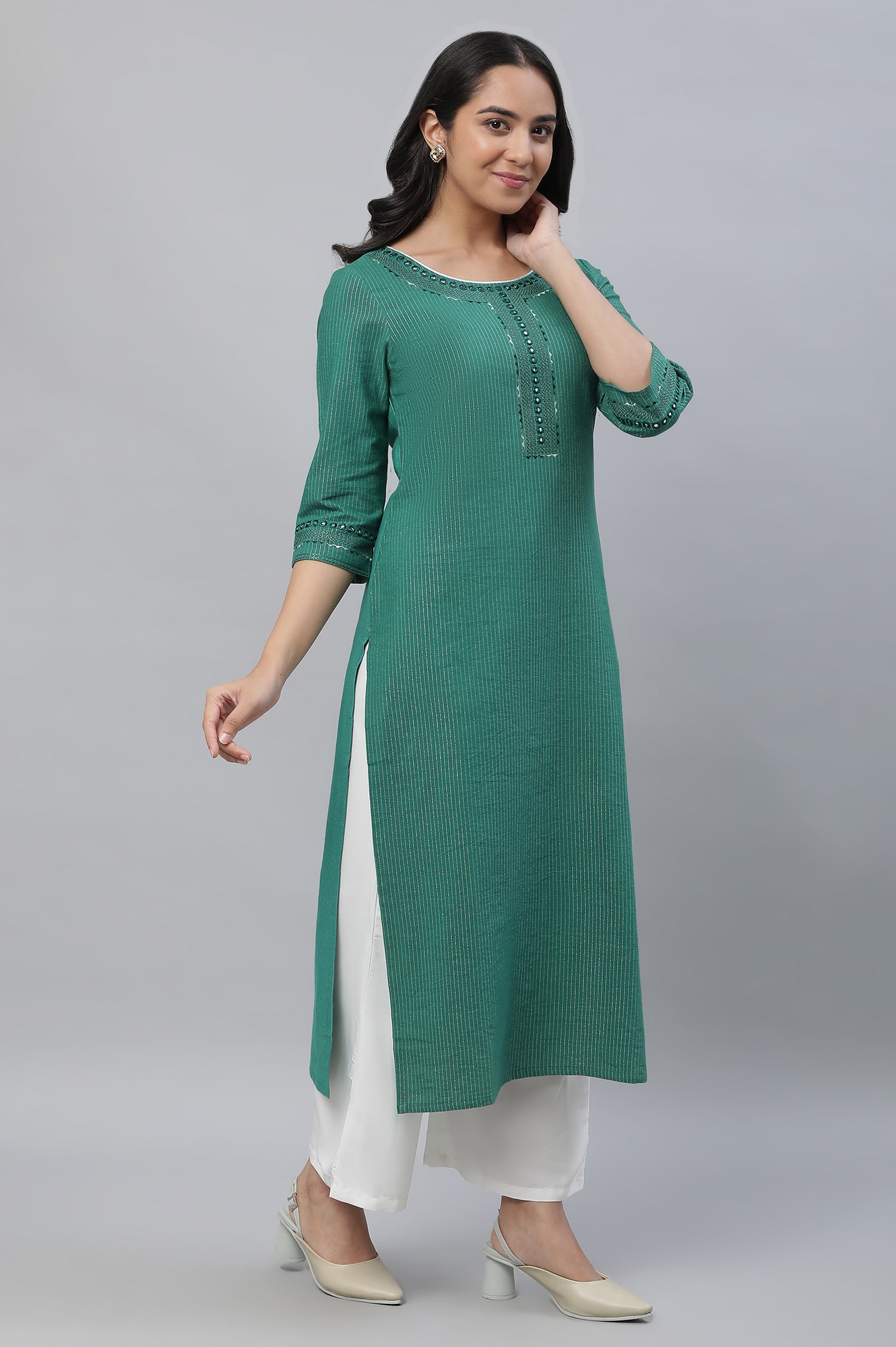 Green Lurex Stripe Kurta with Embroidery