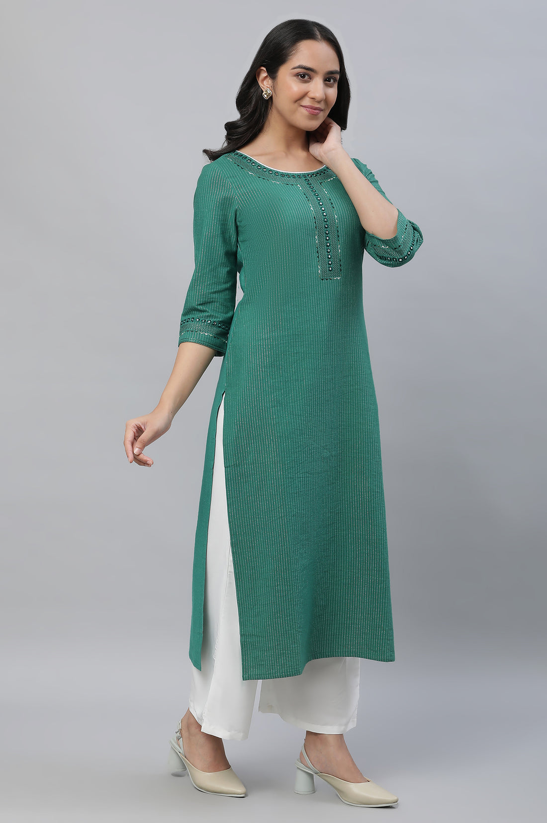 Green Striped Embroidered Straight Cotton Kurta