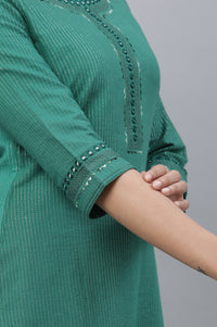Green Striped Embroidered Straight Cotton Kurta