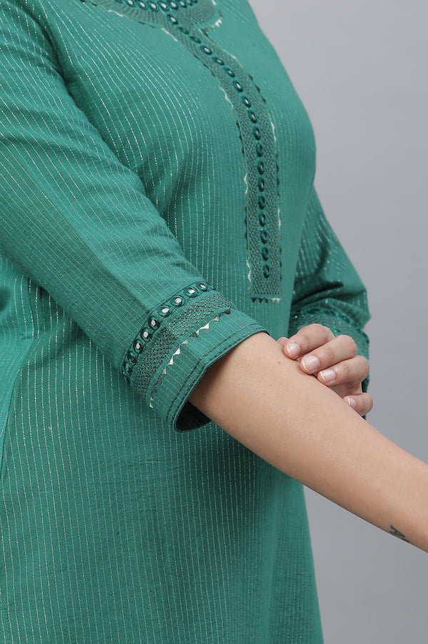 Green Striped Embroidered Straight Cotton Kurta