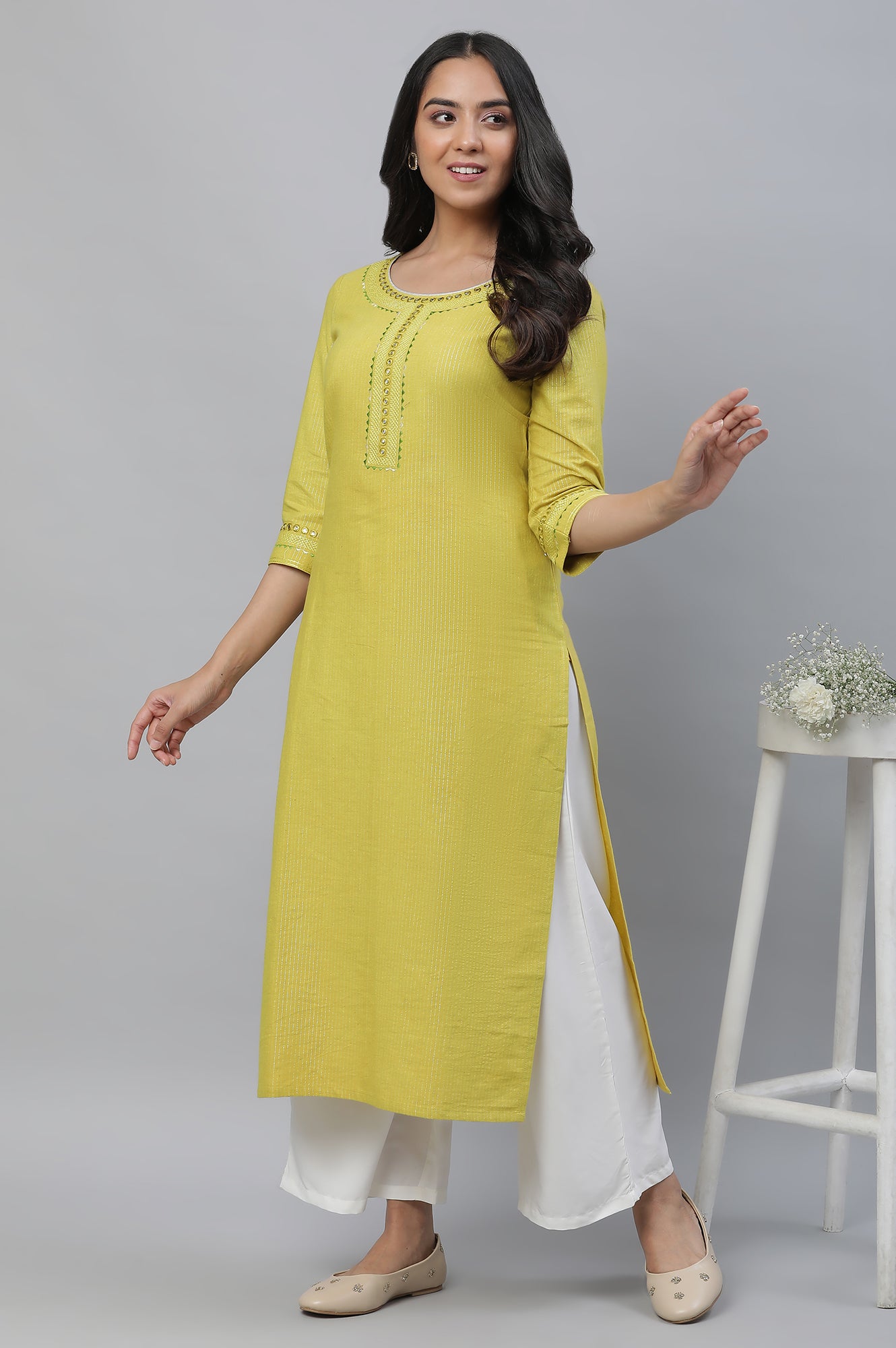 Yellow Lurex Stripe Kurta with Embroidery