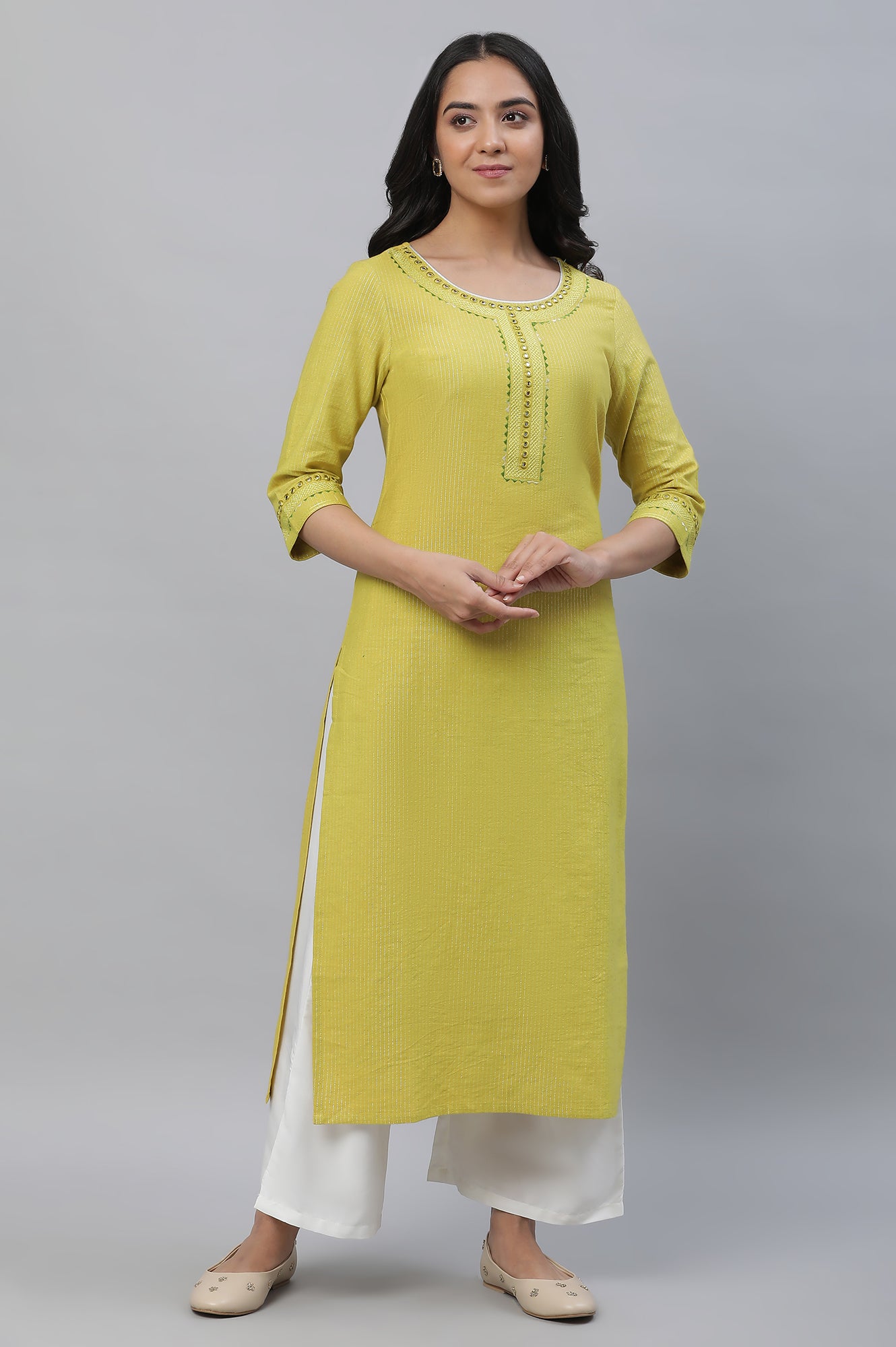 Yellow Lurex Stripe Kurta with Embroidery