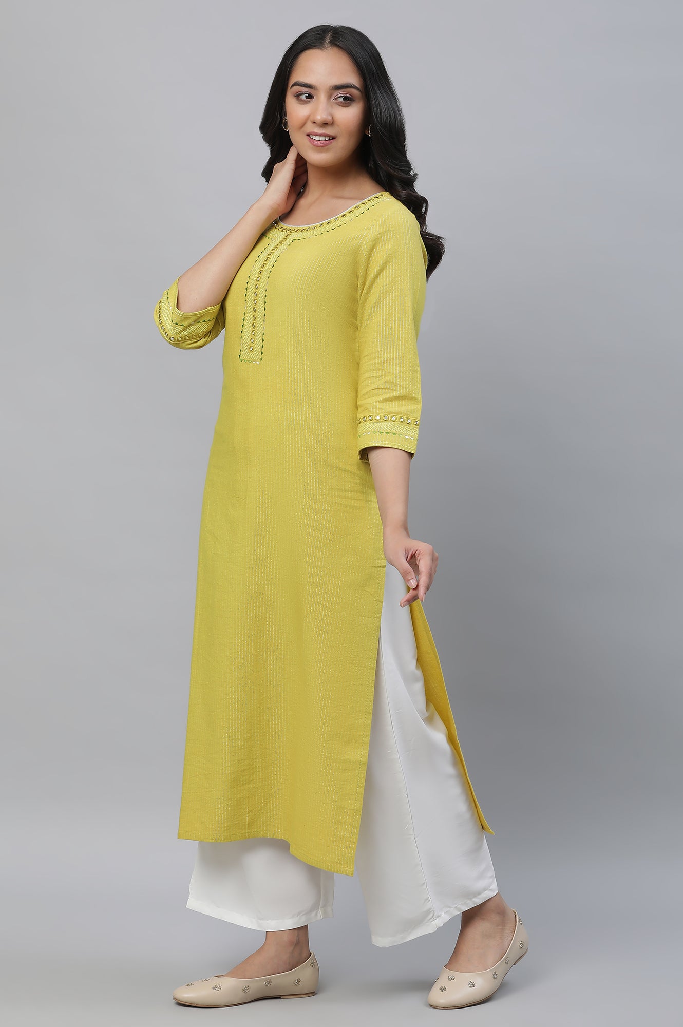 Yellow Lurex Stripe Kurta with Embroidery