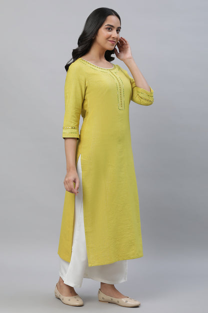 Yellow Lurex Stripe Kurta with Embroidery