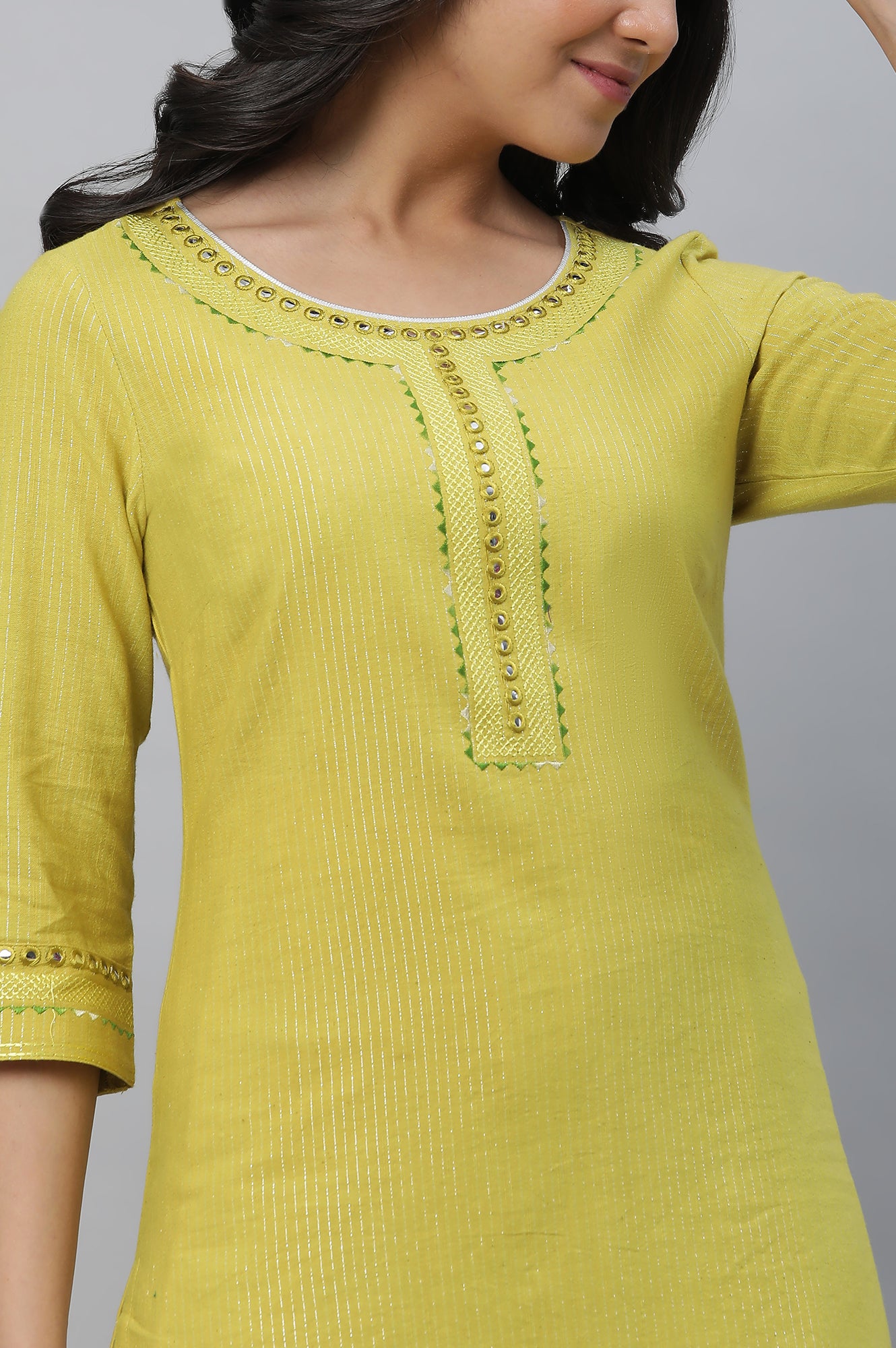 Yellow Lurex Stripe Kurta with Embroidery