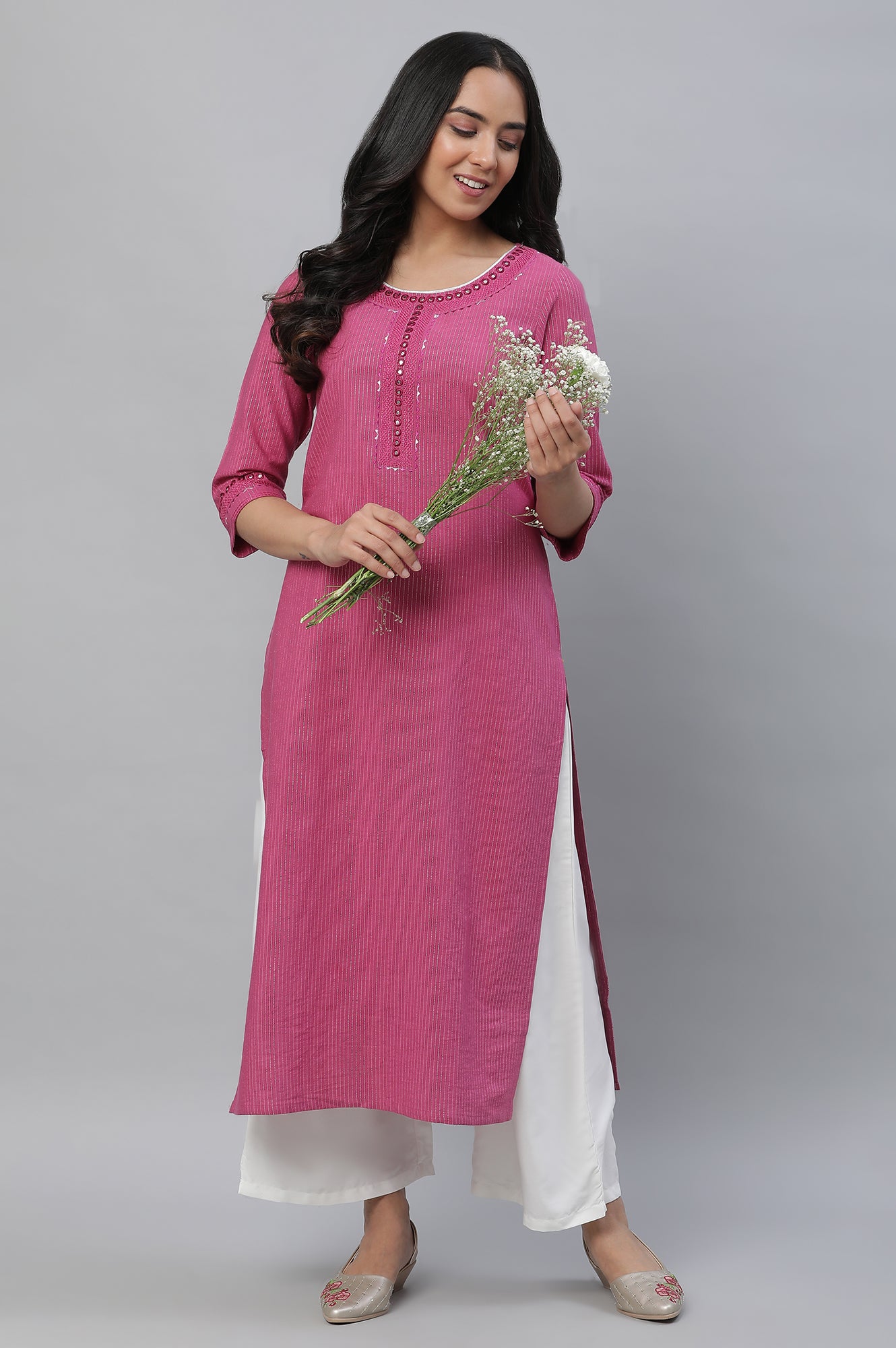 Pink Lurex Stripe Kurta with Embroidery