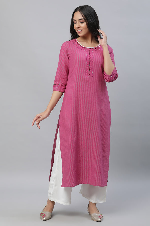 Pink Striped Embroidered Straight Cotton Kurta