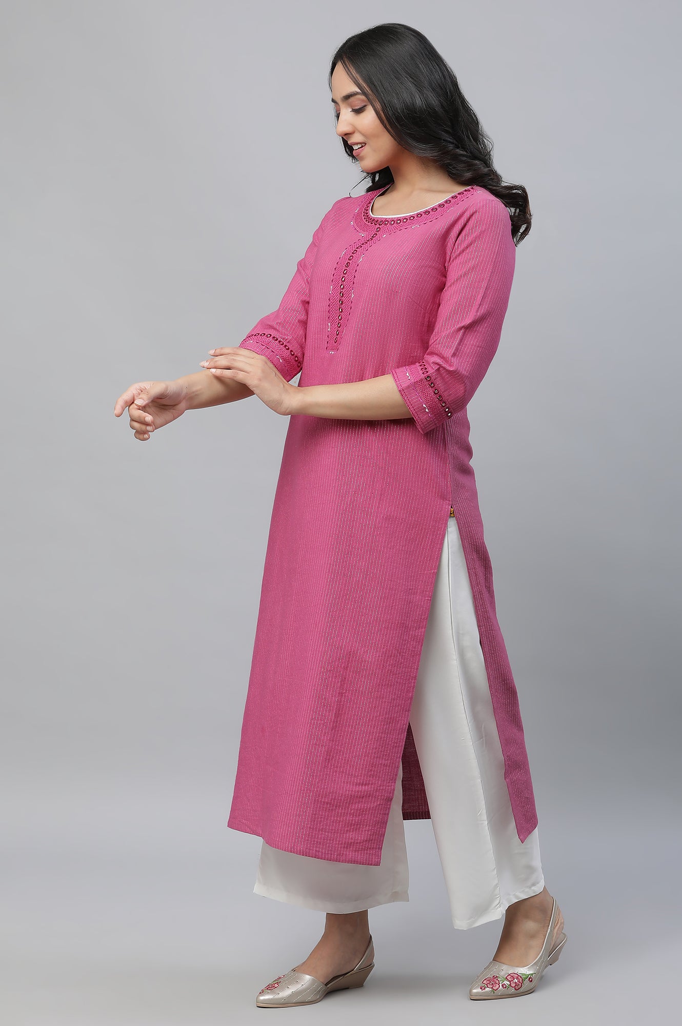 Pink Lurex Stripe Kurta with Embroidery