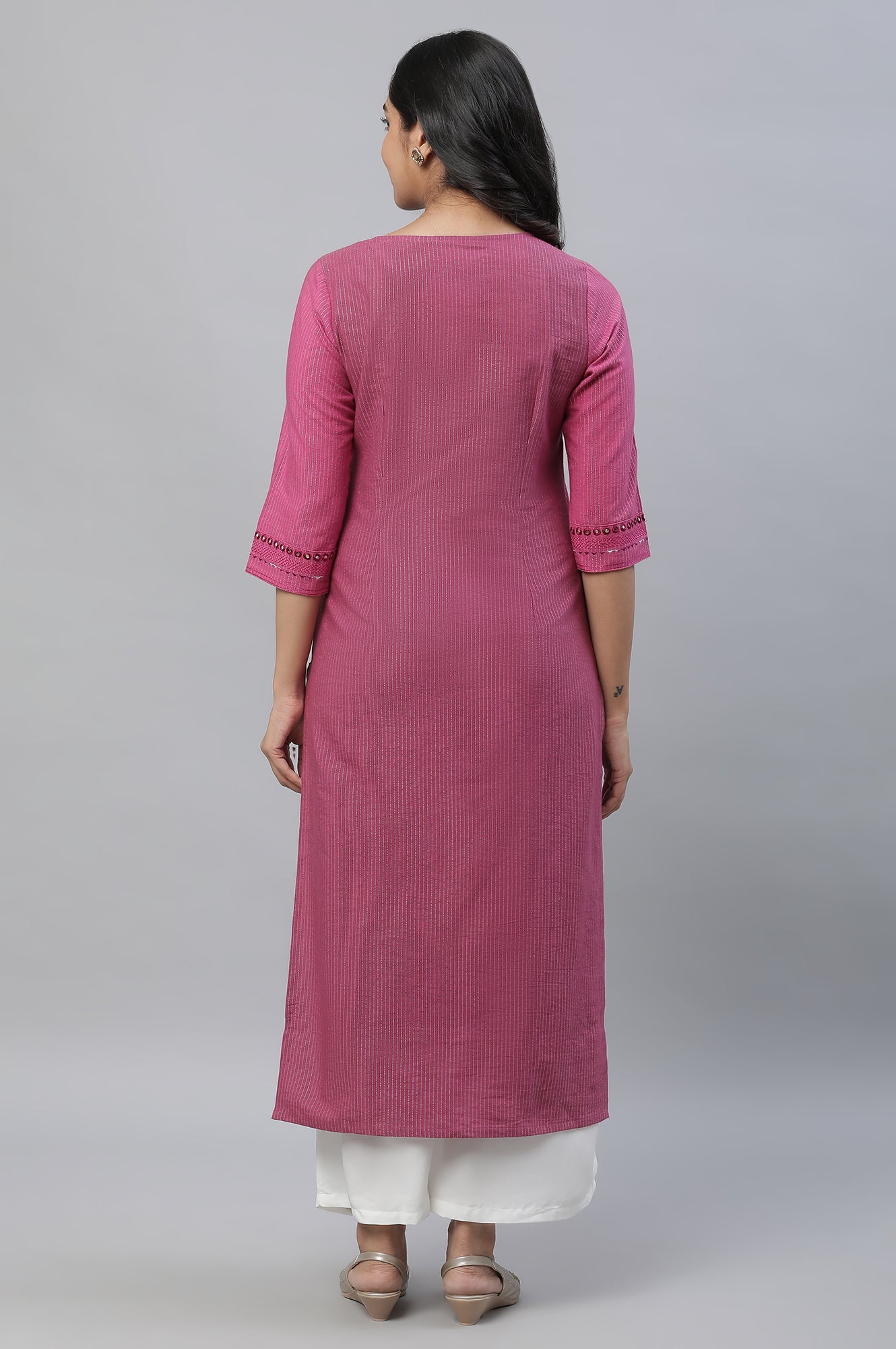 Pink Lurex Stripe Kurta with Embroidery