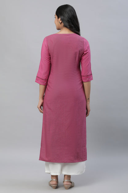 Pink Lurex Stripe Kurta with Embroidery