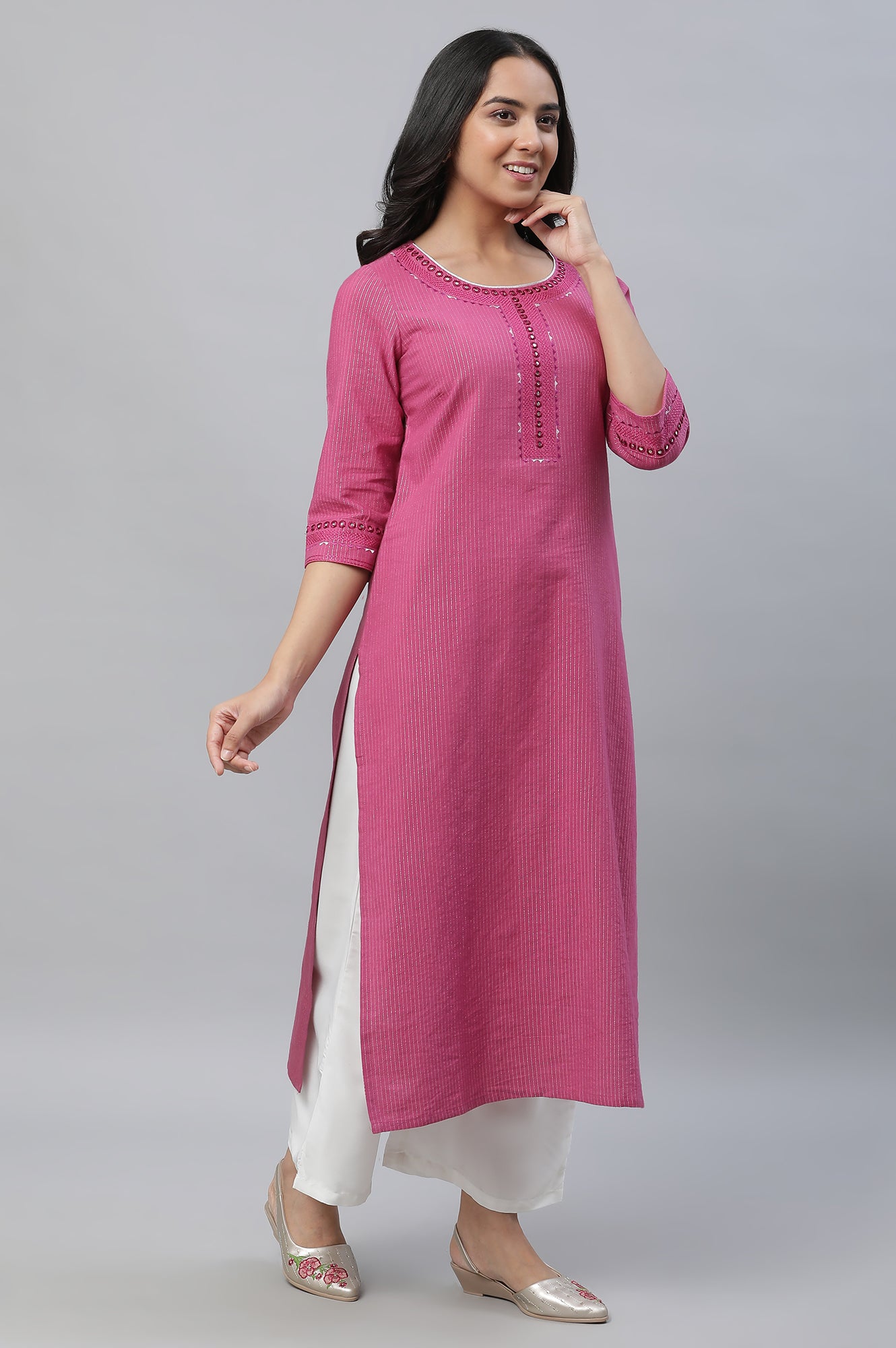 Pink Lurex Stripe Kurta with Embroidery