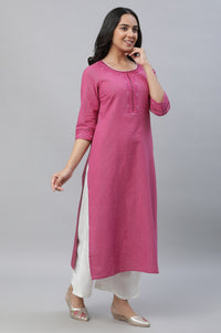 Pink Striped Embroidered Straight Cotton Kurta