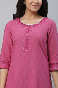 Pink Striped Embroidered Straight Cotton Kurta