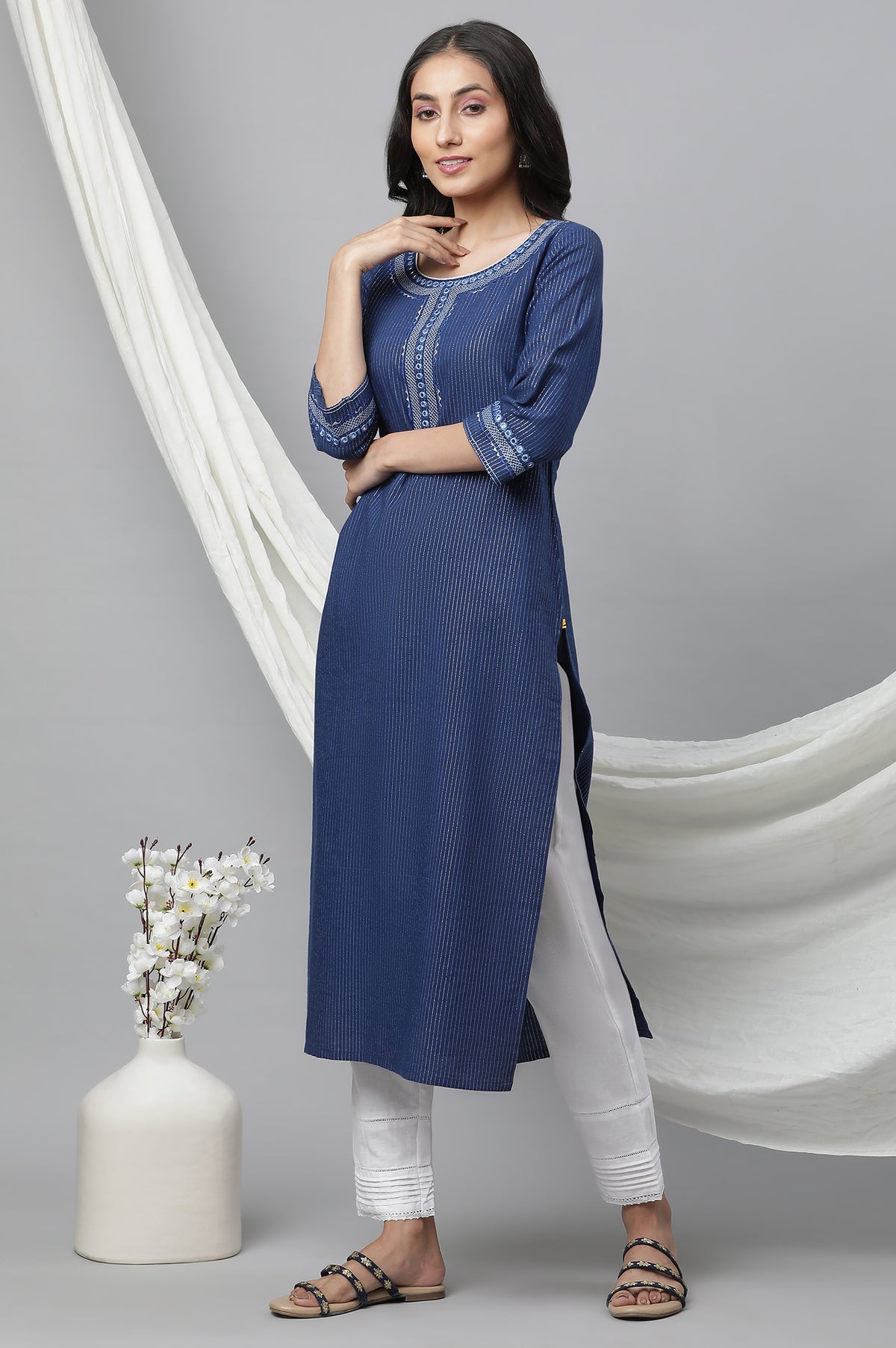 Blue Lurex Stripe Kurta with Embroidery - XS