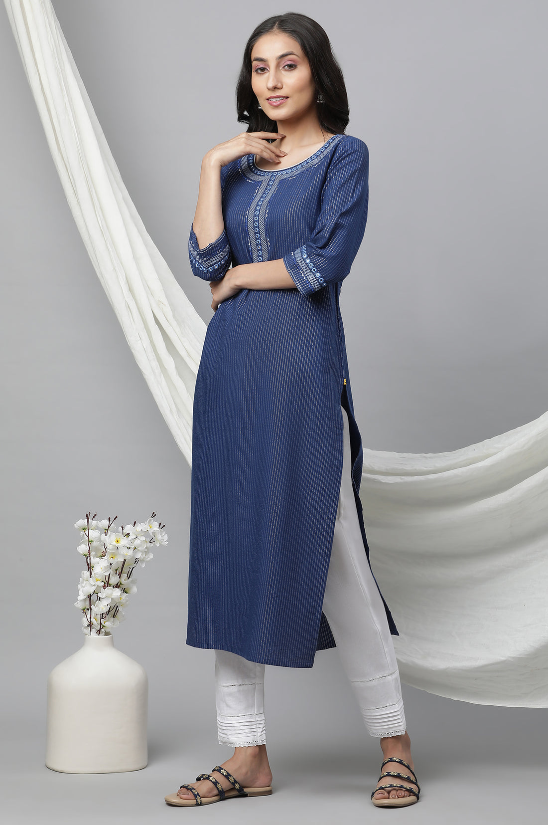 Blue Striped Embroidered Straight Cotton Kurta