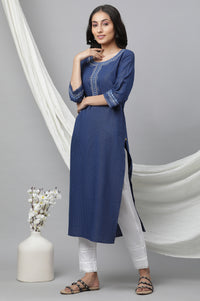 Blue Striped Embroidered Straight Cotton Kurta