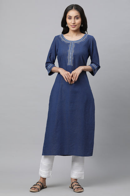 Blue Lurex Stripe Kurta with Embroidery