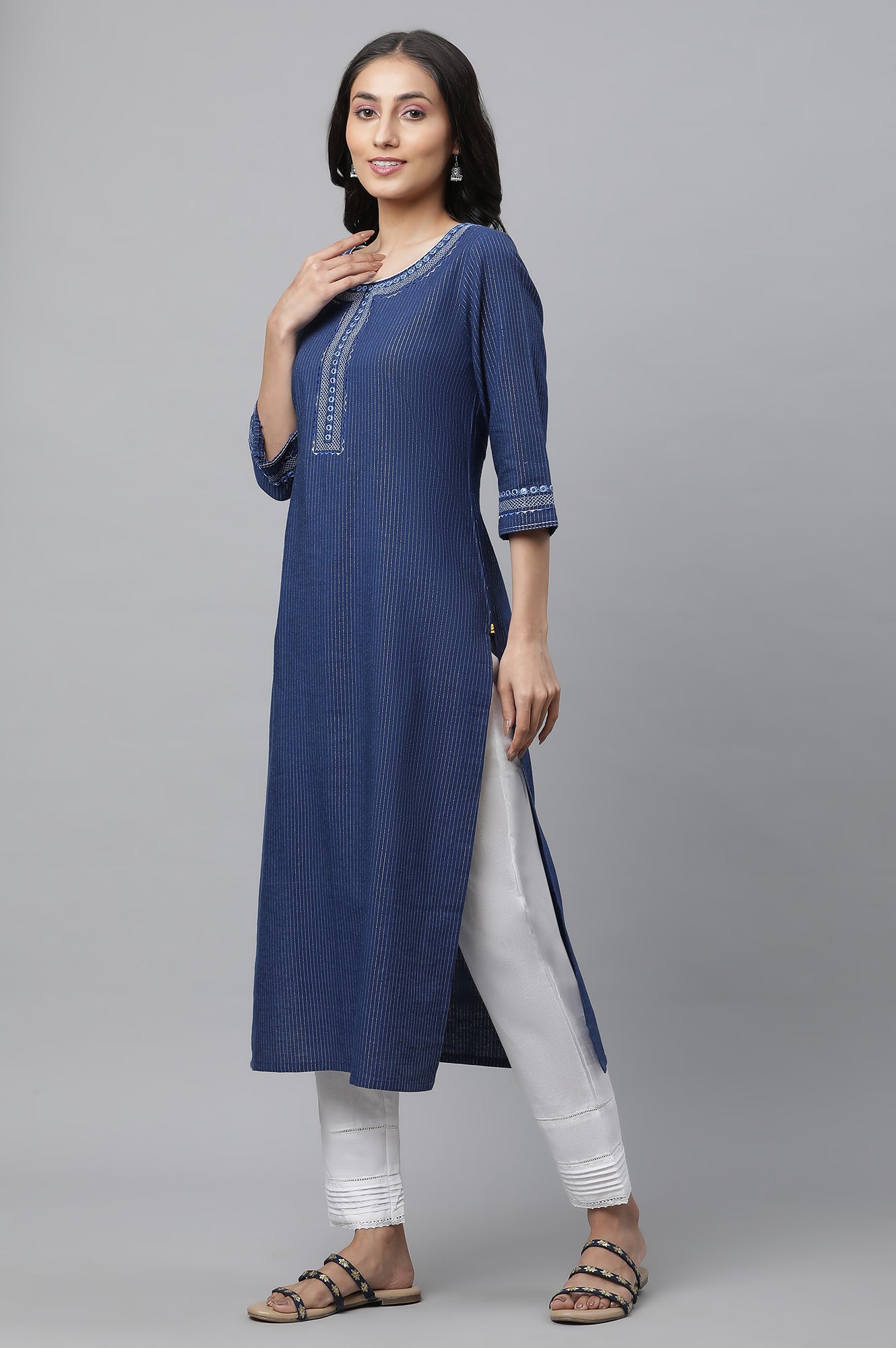 Blue Lurex Stripe Kurta with Embroidery