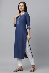 Blue Striped Embroidered Straight Cotton Kurta