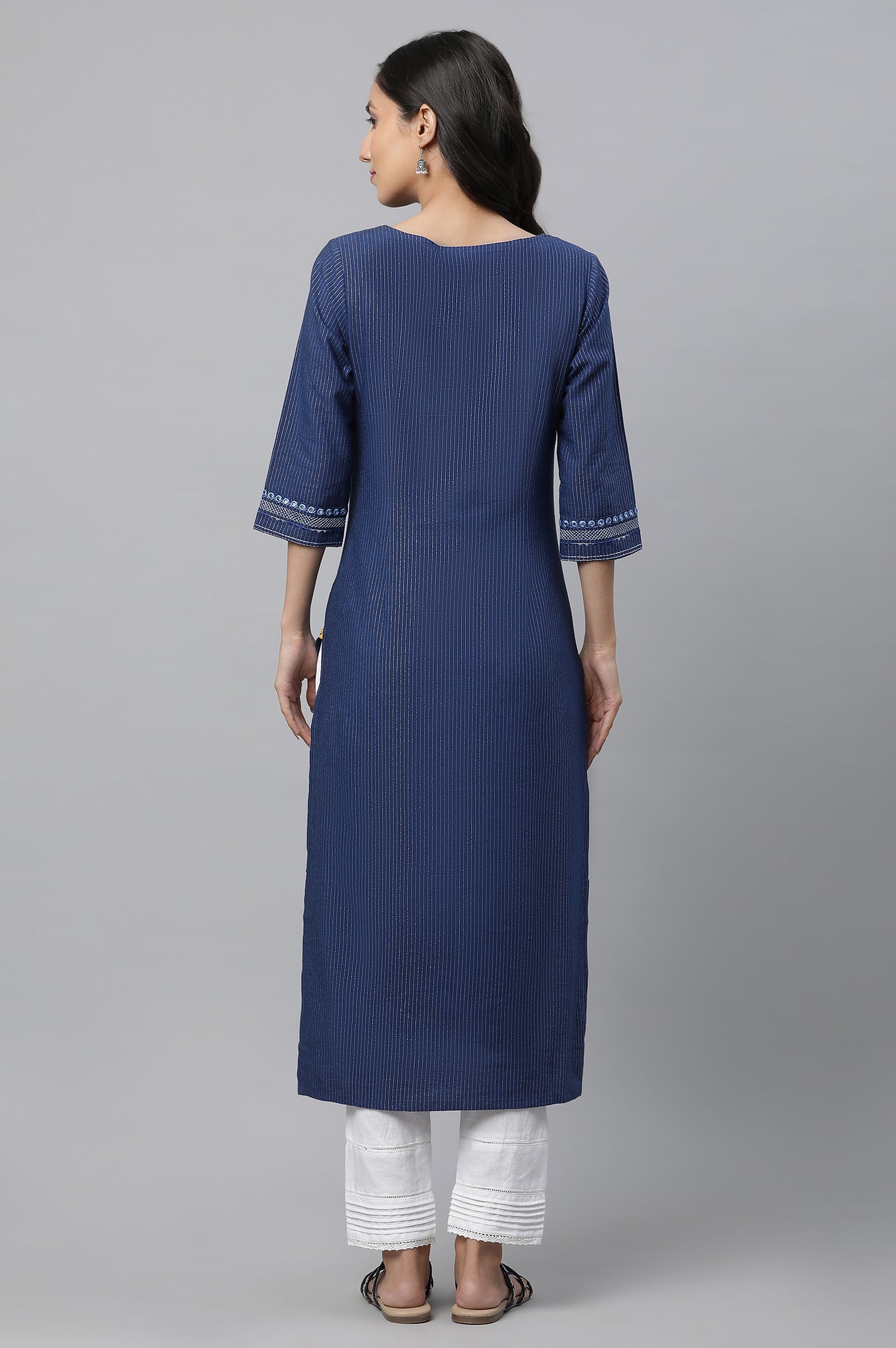 Blue Lurex Stripe Kurta with Embroidery