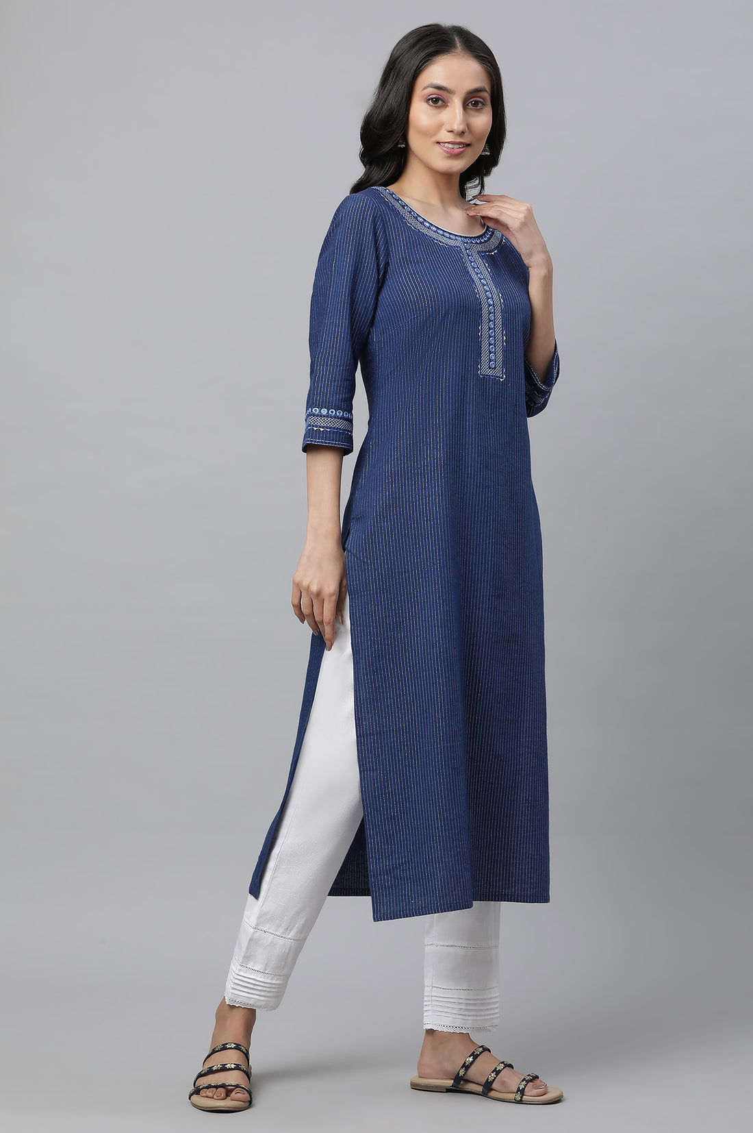 Blue Striped Embroidered Straight Cotton Kurta