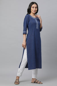 Blue Striped Embroidered Straight Cotton Kurta