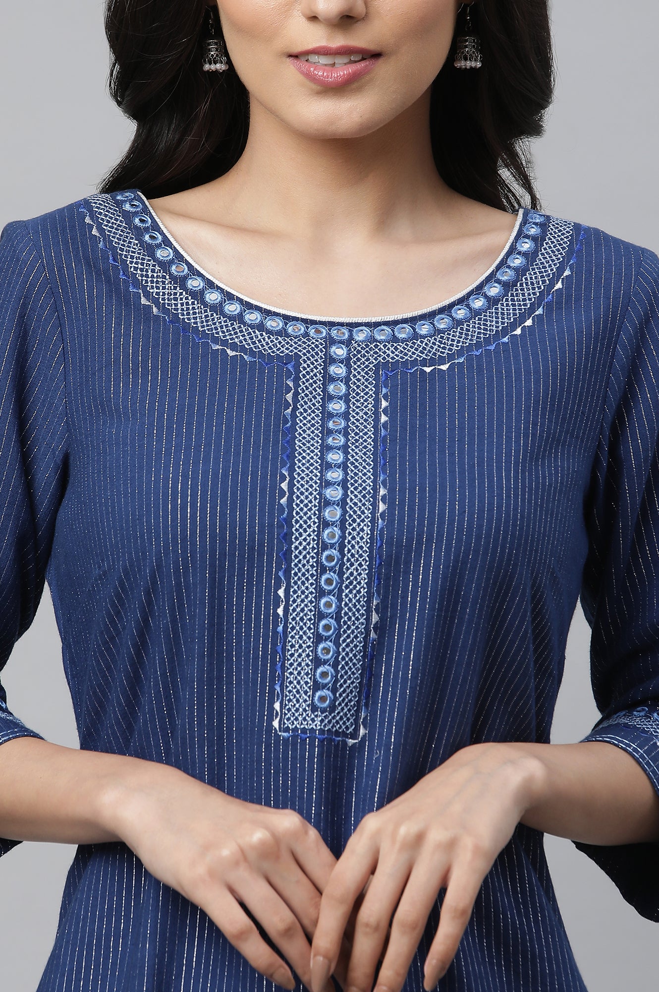 Blue Lurex Stripe Kurta with Embroidery