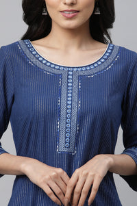 Blue Striped Embroidered Straight Cotton Kurta