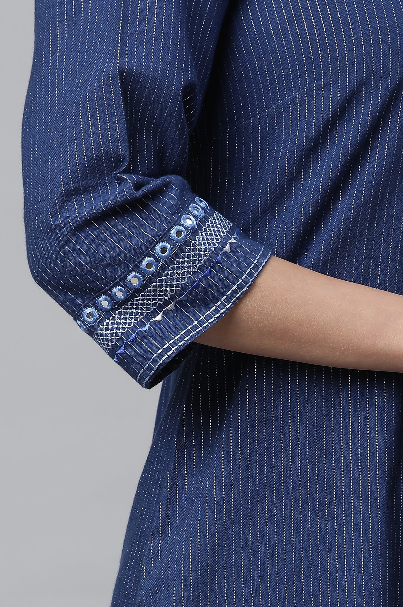 Blue Lurex Stripe Kurta with Embroidery