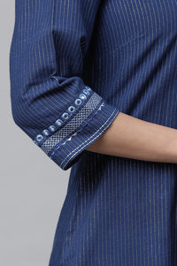 Blue Striped Embroidered Straight Cotton Kurta