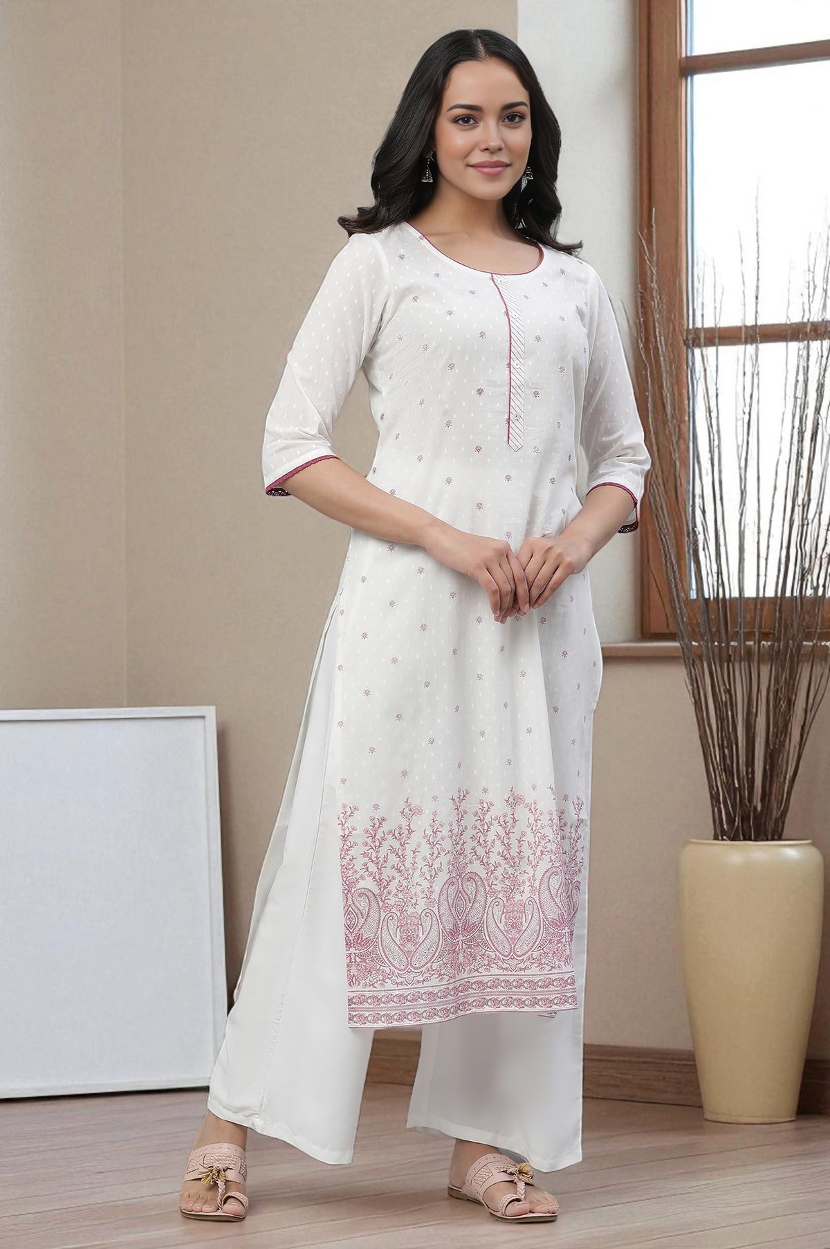 White Straight Kurta with Purple Floral Print - XS