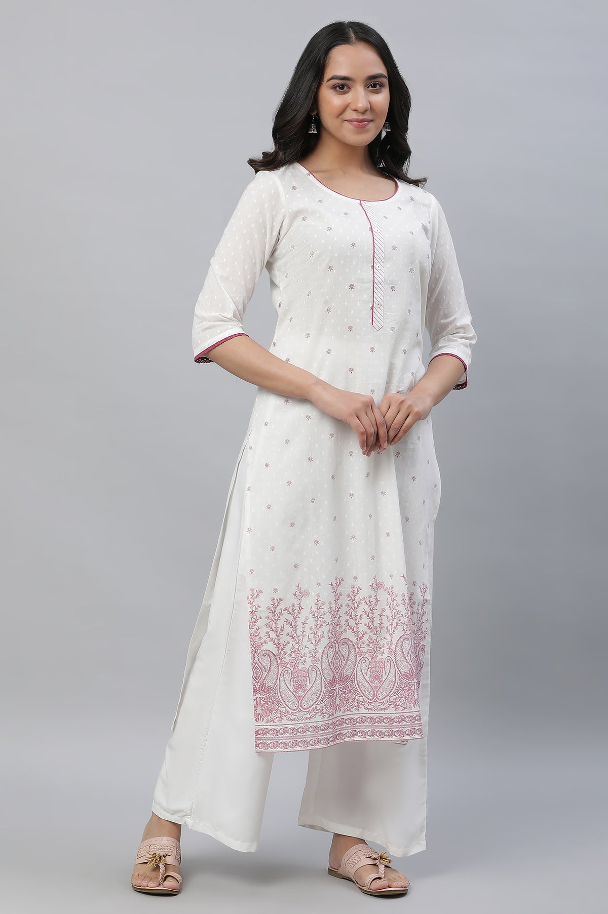 White Floral Straight Cotton Kurta - XS