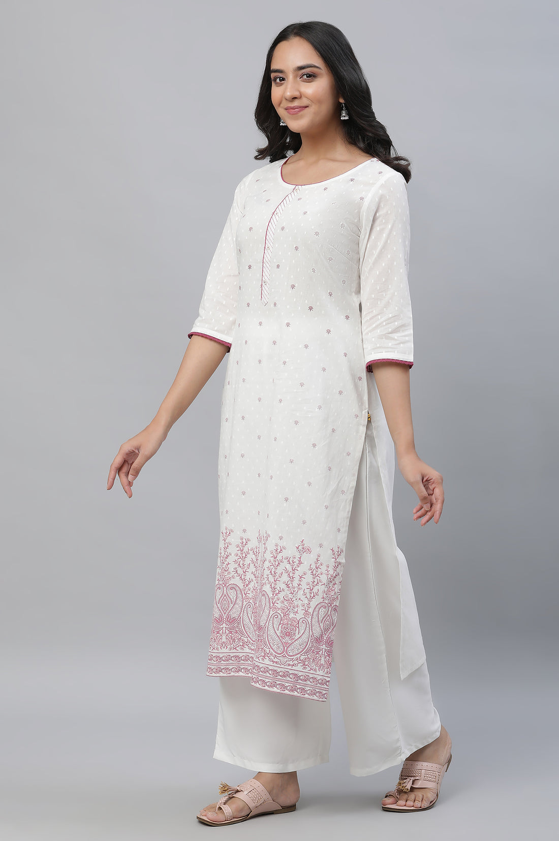White Straight Kurta with Purple Floral Print