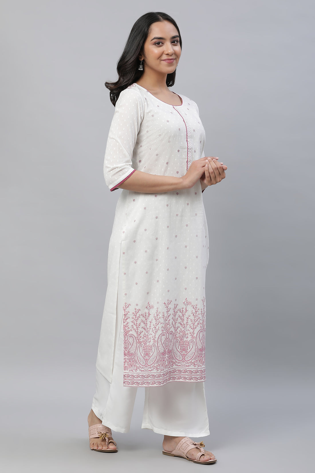 White Straight Kurta with Purple Floral Print